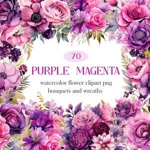 Purple Magenta Flower PNG, Watercolor Floral Clipart Bundle, Wedding Bouquet Wreath, Flower Sublimation, Digital Download