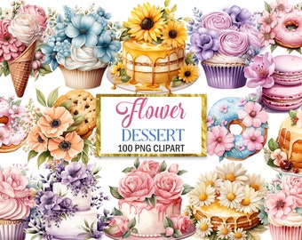 Flower Dessert Clipart, Watercolor Dessert PNG Bundle, Sweet Treats, Sublimation