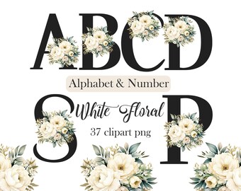 White Floral Alphabet Clipart, Flower Alphabet PNG, Letters Clipart, Number, Sublimation, Digital Download