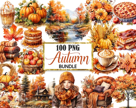 Autumn Clipart Bundle, Fall Clipart, Watercolor Autumn PNG, Wreath, Bouquet, Fall Sublimation, Thanksgiving, Dessert, Digital Download