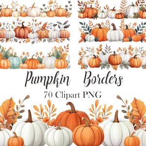 May include: A set of 70 digital clipart images featuring watercolor illustrations of pumpkins and fall leaves. The images are perfect for creating borders, frames, and other fall-themed designs.