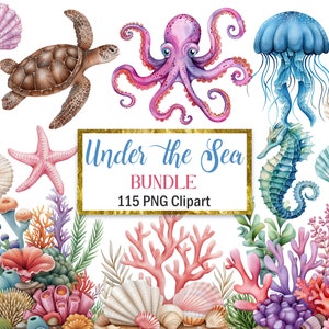 Under the Sea clipart, aquarel Sea Life PNG-bundel, koraalrif, schelp, sublimatie, vis clipart, schildpad, digitale download