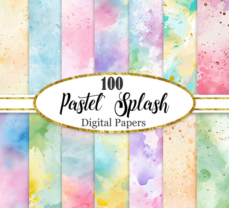 Op de afbeelding: 100 digitale aquarelpapieren in pasteltinten met verschillende kleuren en patronen. De papieren zijn perfect voor scrapbooking, kaartmaken en andere knutselprojecten.