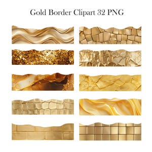 May include: Set of 32 gold border PNG images. The images feature different textures and patterns, including wavy lines, glitter, cracked gold, and brick.
