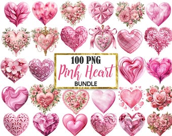 Pink Heart PNG, Watercolor Heart Clipart Bundle, Valentine, Heart Sublimation, Digital Download