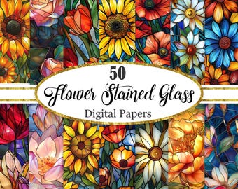 Flower Stained Glass Digital Paper, Flower Background, Floral Texture, Scrapbook Paper, Digital Download