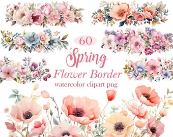 Flower Border PNG, Watercolor Spring Flower Clipart, Wedding Floral, Wildflower, Digital Download