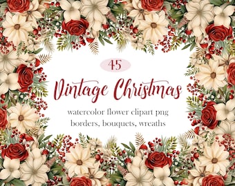 Vintage Christmas Flower Clipart, Watercolor Christmas Floral PNG, Flower Border, Wreath, Digital Download