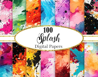 Splash digitaal papier, aquarel splash achtergrondbundel, spettertextuur, plakboekpapier, kleurrijk, digitale download