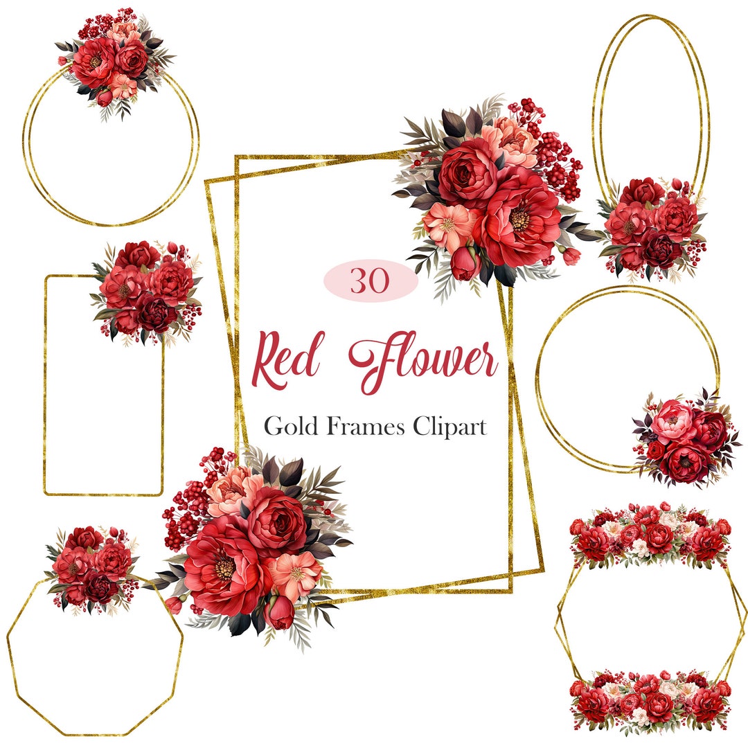 Red Flower Frame PNG, Watercolor Red Floral Gold Frame Clipart, Spring ...