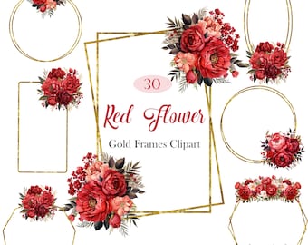 Red Flower Frame PNG, Watercolor Red Floral Gold Frame Clipart, Spring Floral, Digital Download