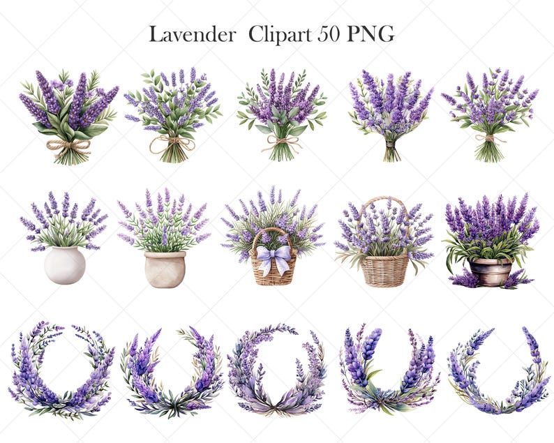 May include: A set of 50 digital clipart images featuring watercolor illustrations of lavender flowers in various arrangements. The images include bouquets, wreaths, and lavender plants in pots, baskets, and vases.