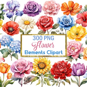 Könnte beinhalten: Eine Sammlung von 300 Aquarell-Blumen-Clipart-Elementen. Das Bild zeigt eine Vielzahl von Blumen in verschiedenen Farben, darunter Rot, Gelb, Blau, Rosa und Lila. Die Blumen sind in einem Kreis angeordnet, mit einem goldenen Rahmen um die Außenseite. Der Text "300 PNG Flower Elements Clipart" steht in der Mitte des Rahmens.