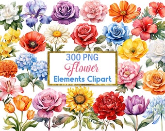 Flower PNG, Watercolor Floral Clipart Bundle, Rose, Sunflower, Digital Download