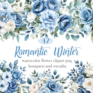 Winterblume PNG, Aquarell Blau Floral Clipart Bundle, Hochzeitsstrauß, Kranz, Blumen Sublimation, digitaler Download