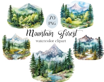 Mountain Clipart, Watercolor Mountain Forest Clipart, Mountain PNG, Sublimation, Nature, Landscape, Scrapbook, Forest PNG, Digital Download