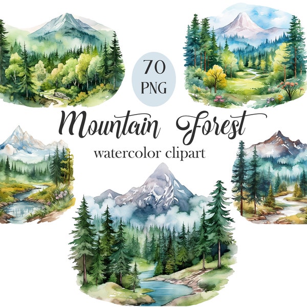 Mountain Clipart, Watercolor Mountain Forest Clipart, Mountain PNG, Sublimation, Nature, Landscape, Scrapbook, Forest PNG, Digital Download