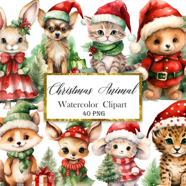 Christmas Animal Clipart, Watercolor Christmas Animal PNG, Christmas Decor, Digital Download