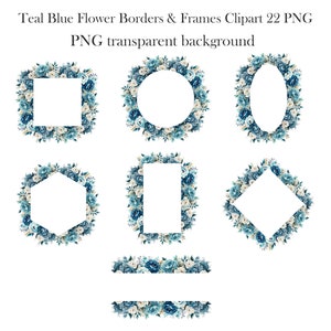 Teal Blue Flower Border Clipart, Watercolor Blue Floral PNG, Flower ...