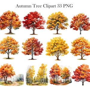 May include: A set of 12 digital clipart images of autumn trees in various shades of red, orange, and yellow. The trees are isolated on a white background.  Autumn Tree Clipart 33 PNG