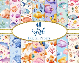 Fish Digital Paper, Fish Background Bundle, Scrapbook Paper, Digital Download
