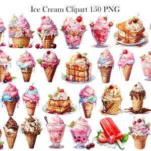 May include: A collection of watercolor illustrations of various ice cream cones, sundaes, popsicles, and waffle cones. The ice cream is in shades of pink, blue, and white with various toppings. The illustrations are perfect for creating digital or printed designs.