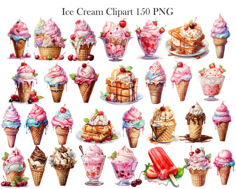 May include: A collection of watercolor illustrations of various ice cream cones, sundaes, popsicles, and waffle cones. The ice cream is in shades of pink, blue, and white with various toppings. The illustrations are perfect for creating digital or printed designs.