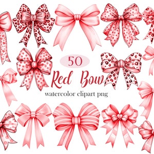 Puede incluir: 50 im&aacute;genes de clipart de lazo rojo en acuarela en formato png. Los lazos son de varios estilos y dise&ntilde;os, incluyendo lunares, estampado de leopardo y rayas.