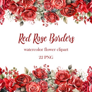 Rode roos grens clipart, aquarel roos grens PNG bundel, bloemenlijst, Valentine Rose clipart, digitale download
