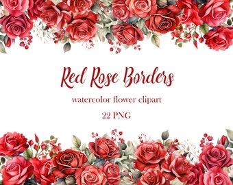 Red Rose Border Clipart, Watercolor Rose Border PNG Bundle, Flower Frame, Valentine Rose Clipart, Digital Download