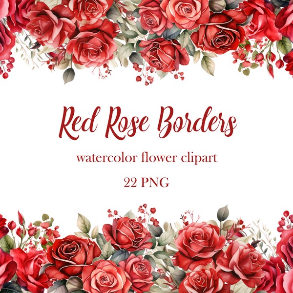 Rote Rose Border Clipart, Aquarell Rose PNG Bundle, Blumenrahmen, Valentine Rose Clipart, digitaler Download