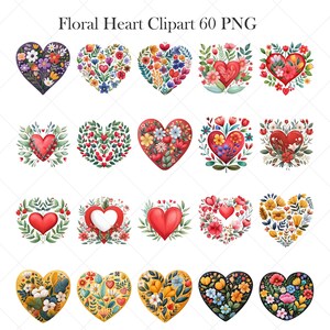 May include: A collection of 18 watercolor heart clip art images. Each heart is uniquely decorated with colorful flowers and foliage. The text "Floral Heart Clipart 60 PNG" is at the top. The hearts vary in color, including red, yellow, purple, and white.