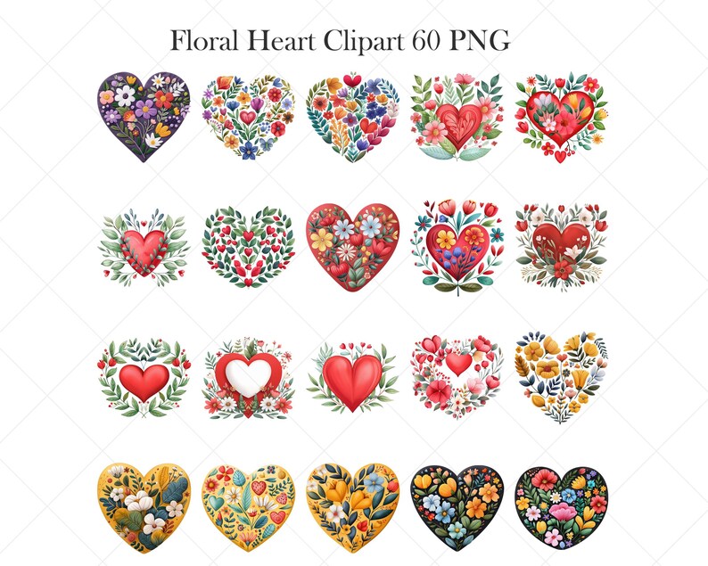 May include: A collection of 18 watercolor heart clip art images. Each heart is uniquely decorated with colorful flowers and foliage. The text "Floral Heart Clipart 60 PNG" is at the top. The hearts vary in color, including red, yellow, purple, and white.
