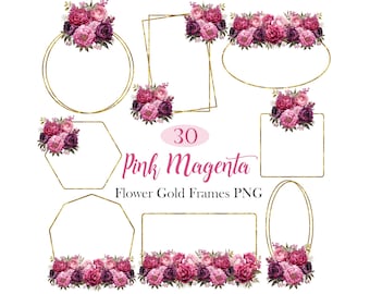 Pink Magenta Flower Frame Clipart, Watercolor Floral Gold Frames PNG