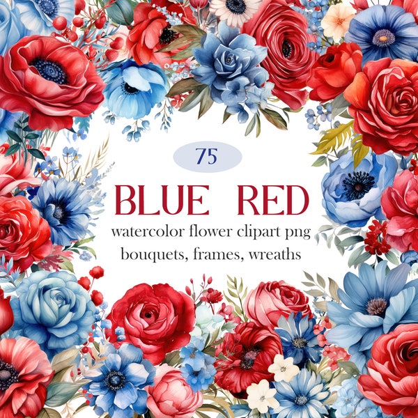 Blue Red Flower PNG, Watercolor Red Blue Floral Clipart Bundle, Flowers Bouquet, Wreath, Digital Download