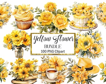 Yellow Flower PNG Bundle, Watercolor Yellow Floral Clipart, Flower Border, Sublimation, Bouquet, Wreath, Spring, Rose, Digital Download