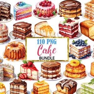 May include: A collection of 110 watercolour illustrations of various cakes, including chocolate, vanilla, fruit, and layered cakes. The illustrations are in a realistic style and feature a variety of toppings and decorations. The text "110 PNG Cake Bundle" is displayed in the centre of the image.