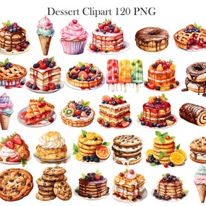 May include: A collection of 20 watercolour illustrations of various desserts, including cakes, pies, pastries, cookies, ice cream, and popsicles. The illustrations are colourful and detailed, and they would be perfect for use in a variety of projects, such as scrapbooking, card making, and digital design.