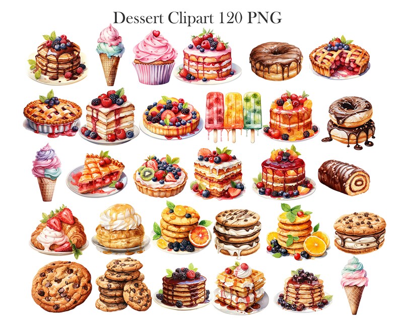 May include: A collection of 20 watercolour illustrations of various desserts, including cakes, pies, pastries, cookies, ice cream, and popsicles. The illustrations are colourful and detailed, and they would be perfect for use in a variety of projects, such as scrapbooking, card making, and digital design.