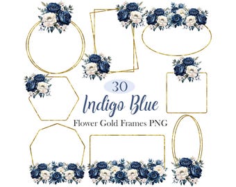 Indigo Blue Flower Frame PNG, Watercolor Blue Floral Gold Frame Clipart, Digital Download