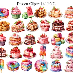 May include: A collection of 24 watercolour illustrations of various desserts, including cakes, cupcakes, pastries, ice cream, and waffles. The illustrations are in a realistic style and feature vibrant colours.