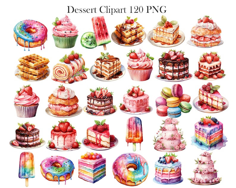 May include: A collection of 24 watercolour illustrations of various desserts, including cakes, cupcakes, pastries, ice cream, and waffles. The illustrations are in a realistic style and feature vibrant colours.