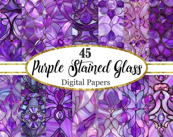 Purple Stained Glass Digital Paper, Vintage Background, Purple Texture, Scrapbook Paper, Digital Download