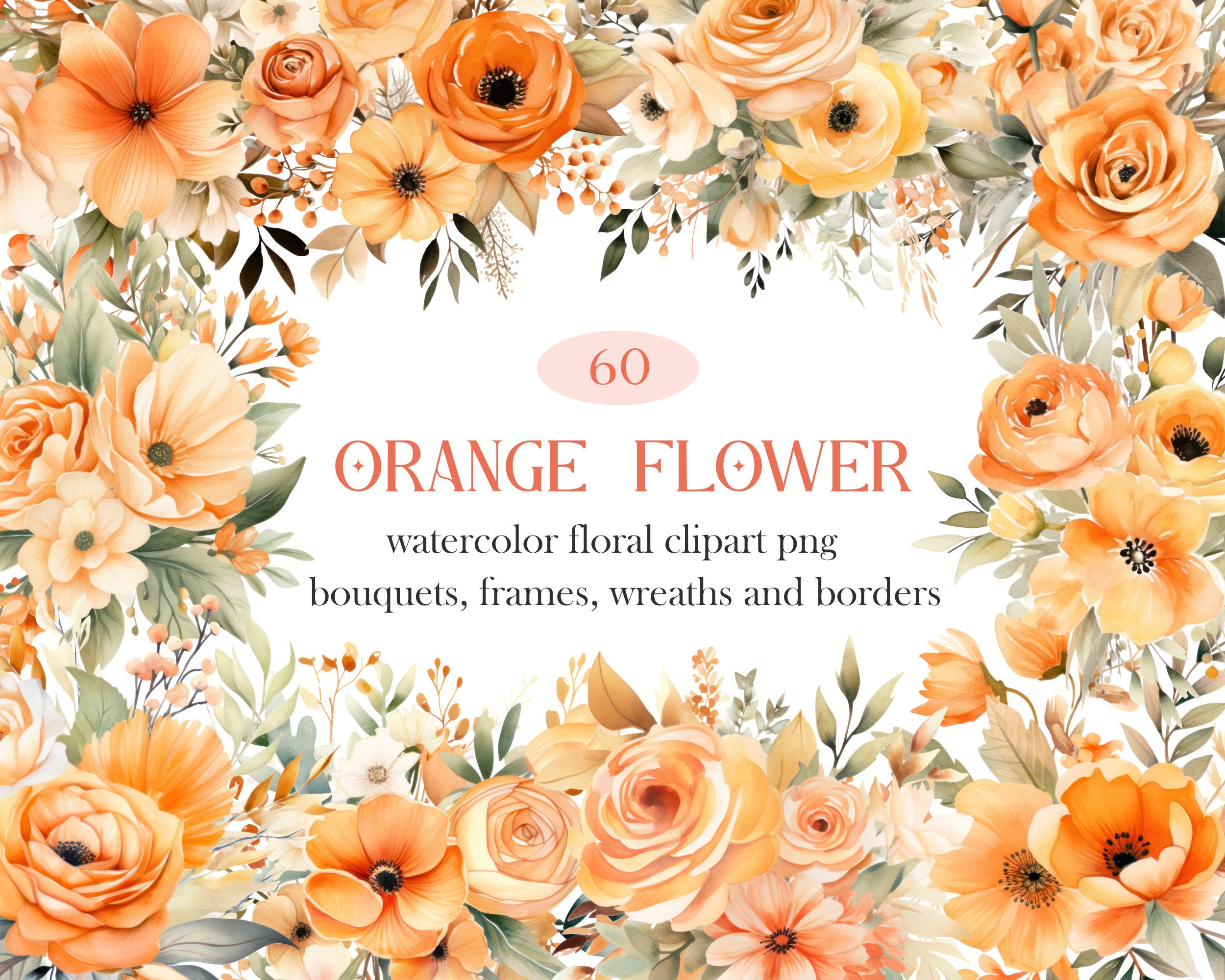 Orange Flower PNG Clipart, Watercolor Floral Bouquet Wreath Clipart