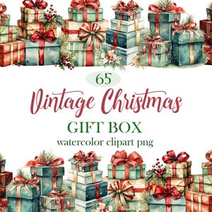 May include: A collection of 65 vintage Christmas gift boxes with watercolor designs. The boxes are decorated with red, green, and white ribbons, bows, and floral accents.