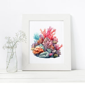 K&ouml;nnte beinhalten: Ein Aquarellbild eines Korallenriffs mit verschiedenen Schattierungen von Rosa, Orange und Blau. Die Koralle ist realistisch dargestellt, mit filigranen Details und Texturen.