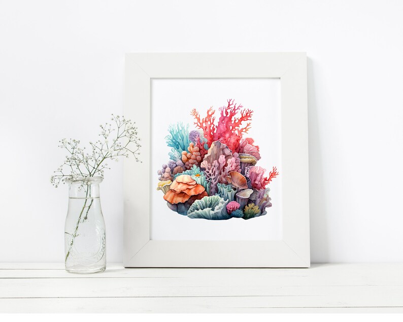 K&ouml;nnte beinhalten: Ein Aquarellbild eines Korallenriffs mit verschiedenen Schattierungen von Rosa, Orange und Blau. Die Koralle ist realistisch dargestellt, mit filigranen Details und Texturen.