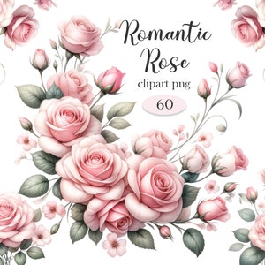 Pink Rose PNG, aquarel roze roos clipartbundel, bruidsboeket, stoffige roos, romantische rozen clipart, Valentijnsdag, digitale download