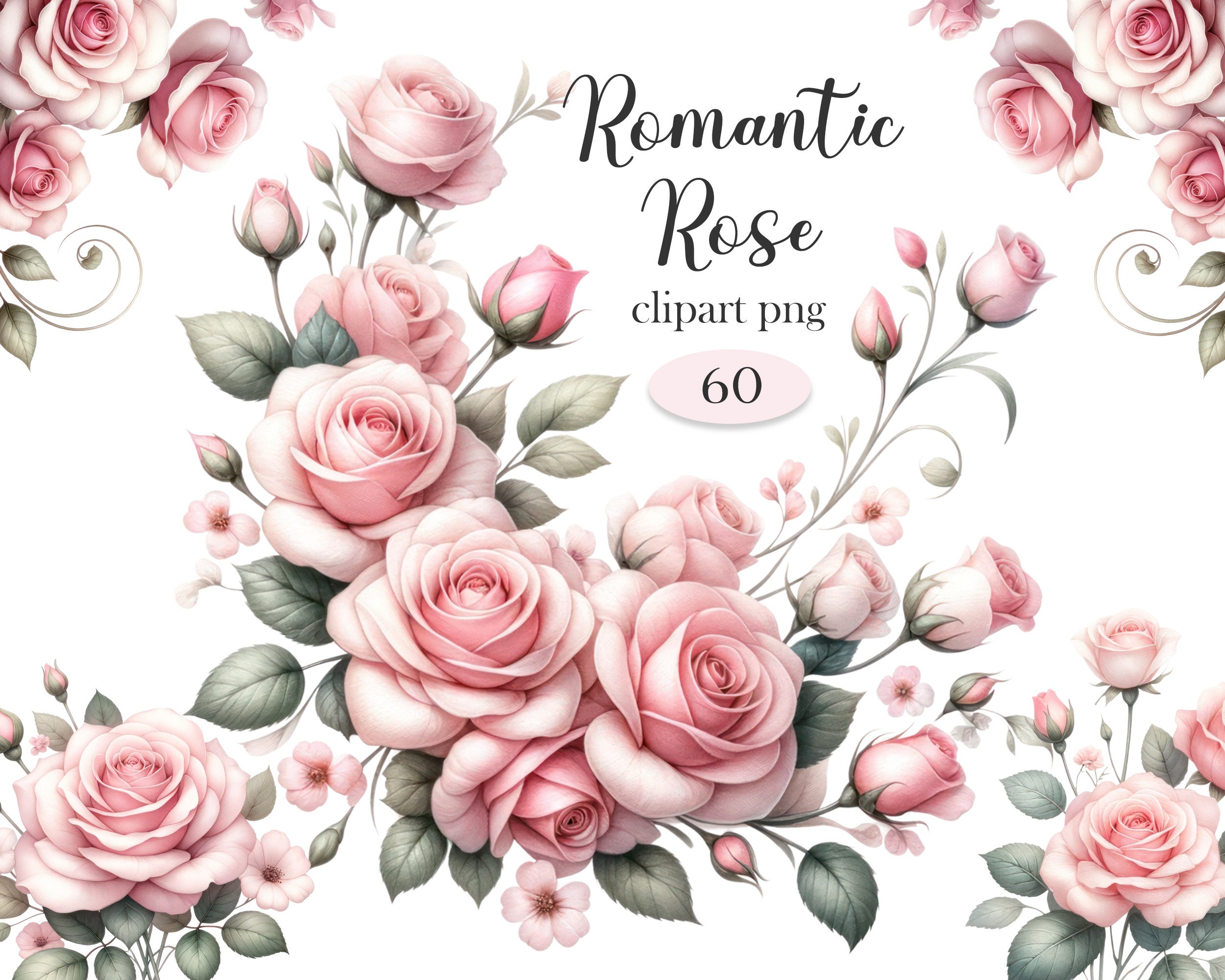 Pink Rose PNG, Watercolor Pink Rose Clipart Bundle, Wedding Bouquet