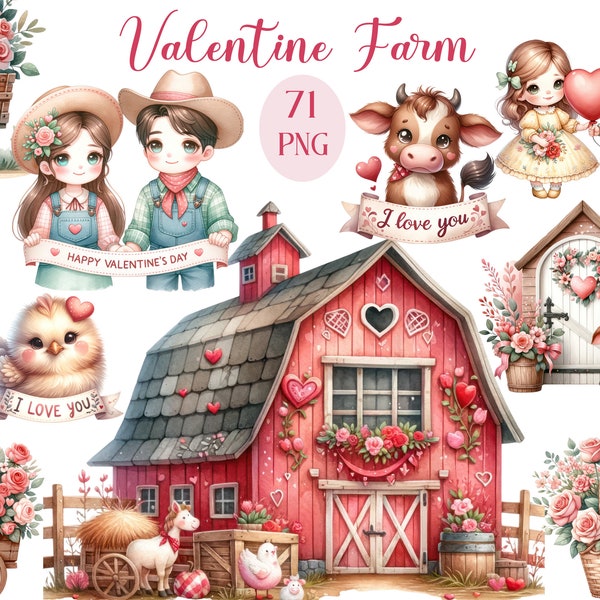Valentine Farm PNG, Watercolor Valentine Farm Clipart Bundle, Valentine Day Clipart, Barn PNG, Sublimation, Scrapbooks, Digital Download